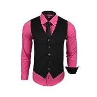 subliminal mode - gilet + chemise + cravate homme col bicolore uni manches longues coupe ajusté business repassage facile rn33 noir et rose fushia m