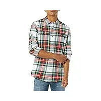 amazon essentials chemise en flanelle, à manches longues, deux poches, coupe ajustée homme, rouge blanc tartan plaid, l