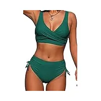 chechury maillot de bain femme 2 pieces sexy push up tankini amincissante slim taille haute bikini col en v Élégant classique ensemble de swimwear de plage couleur uni,vert,l