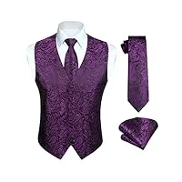 hisdern gilet violet hommes paisley gilets jacquard cravate poche carre mouchoir fete de mariage affaires fit gilet costume ensemble l