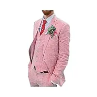 costume de mariage 3 pièces en lin pour hommes, deux boutons, smoking simple boutonnage, revers en pointe, costume d’affaires, style décontracté, rose, 52