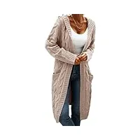 gegekoko cardigan à capuche ouvert sur le devant pour femme - pull en tricot torsadé de couleur unie - manteaux longs, beige, xl