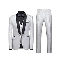 sliktaa homme costume 3 pièces formel jacquard classique châle revers mariage business avec un bouton smokings casual veste & gilet & pantalon, blanc, s