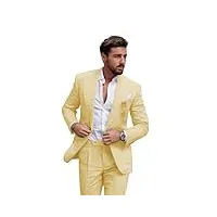 costume 2 pièces en lin pour homme - coupe ajustée - pour l'été, la plage, les mariages, les bals, les bals de fin d'année, le smoking et le pantalon, jaune, taille m
