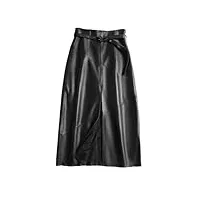saeohnssty jupe en cuir véritable pour femmes, jupe portefeuille longue en peau de mouton noire, fente avant, longueur cheville, avec ceinture
