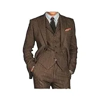 tiavllya costume 3 pièces en tweed herringbone pour homme - costume de mariage formel d'affaires smokings laine blazer gilet pantalon ensemble, marron, 44 cm