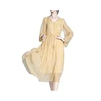 robe élégante en soie de printemps et d'été, col en v, manches bouffantes, couleur unie, jupe trapèze douce, jaune, l