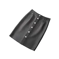 mini jupe portefeuille en cuir véritable pour femme - taille haute - en peau de mouton, noir , 52