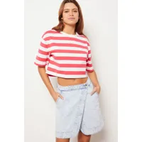 t-shirt court marinière en coton - tropic - xs - framboise - femme - etam