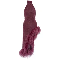 oséree robe longue asymétrique bordée de plumes - violet