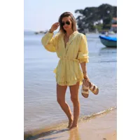 jupe short jaune en coton effet piqué fils brillants et multicolores