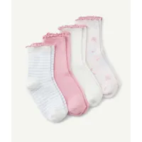 lot de 4 chaussettes hautes fille rose et blanc avec bords festonnés